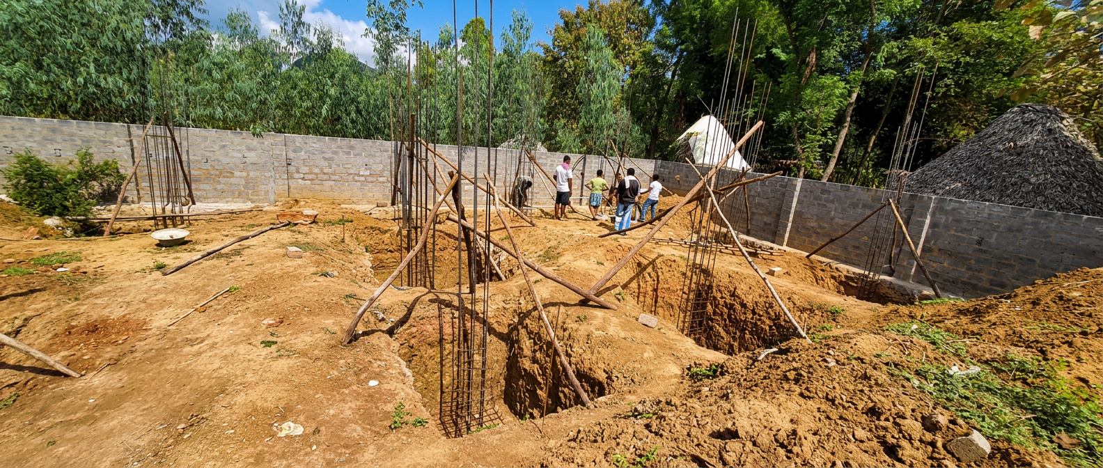 Foundation excavation and column steel at a new site